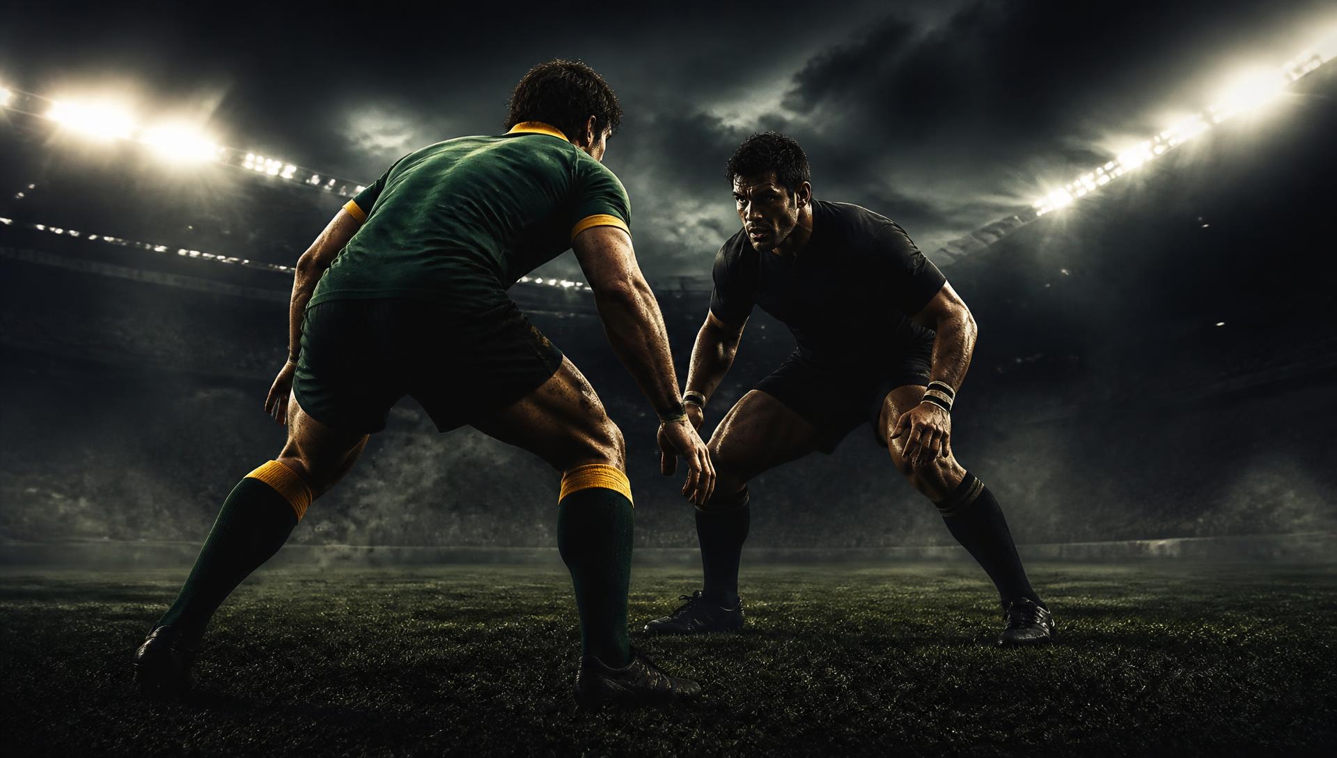 Rugby players in green and gold contesting a ball against a black-kitted opposition under stadium floodlights